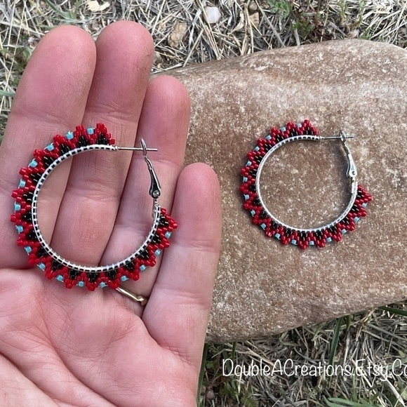 Red and Turquoise Beaded 1 1/4” Hoops, Handmade - Picture 8 of 8